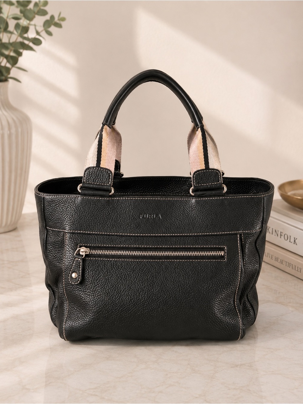 Furla Black Pebbled Leather Tote Shoulder Bag Front Zip Pocket Designer Handbag